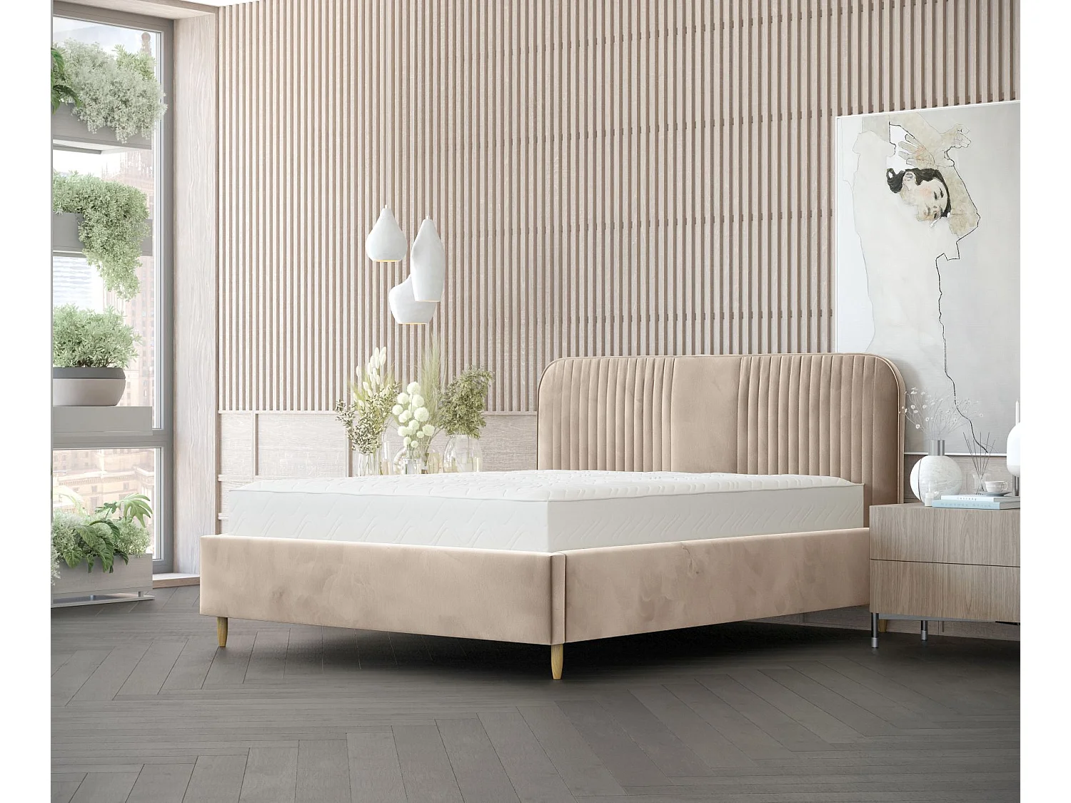 Polsterbett Livy - 160 x 200 cm - Samtstoff - beige