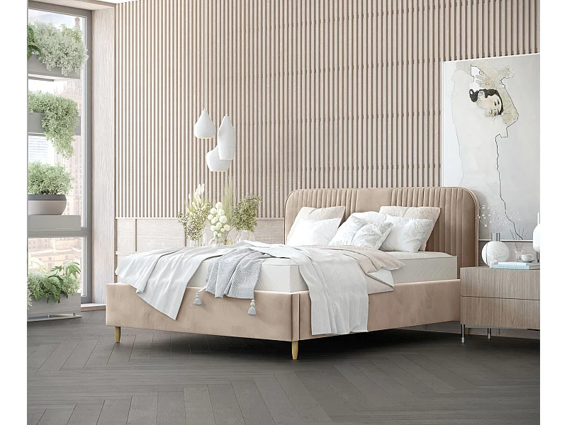 Polsterbett Livy - 160 x 200 cm - Samtstoff - beige