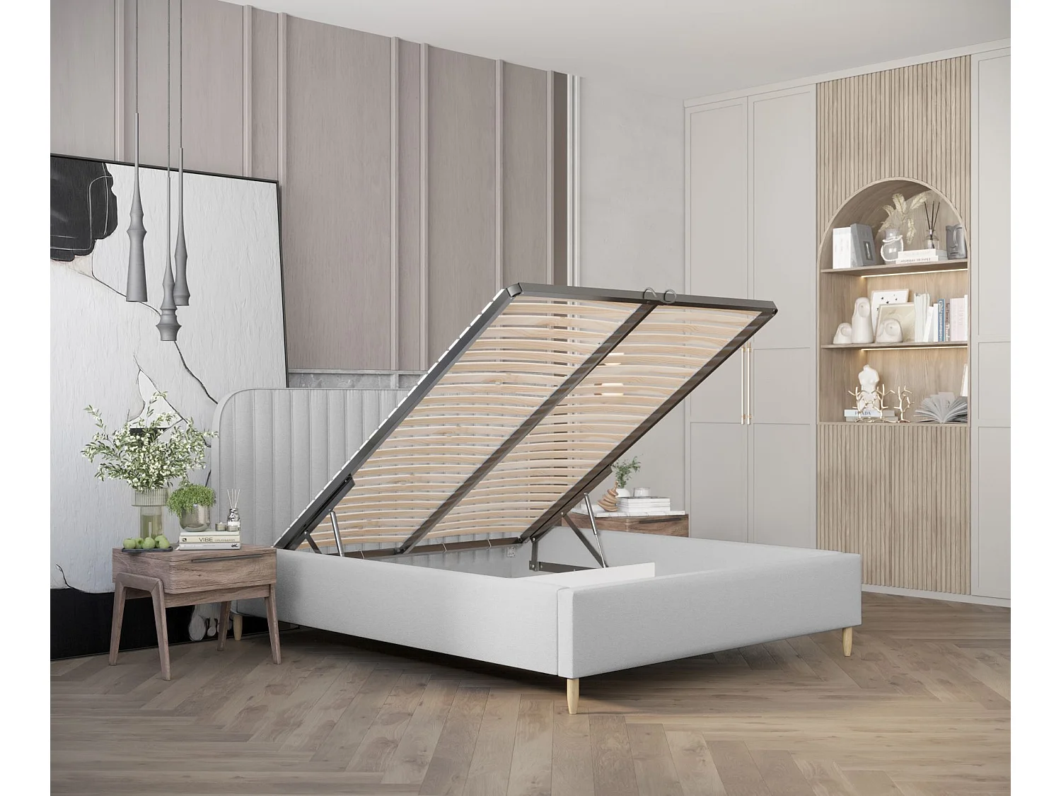 Lit coffre Noto - 180 x 200 cm - toile tissée - gris clair