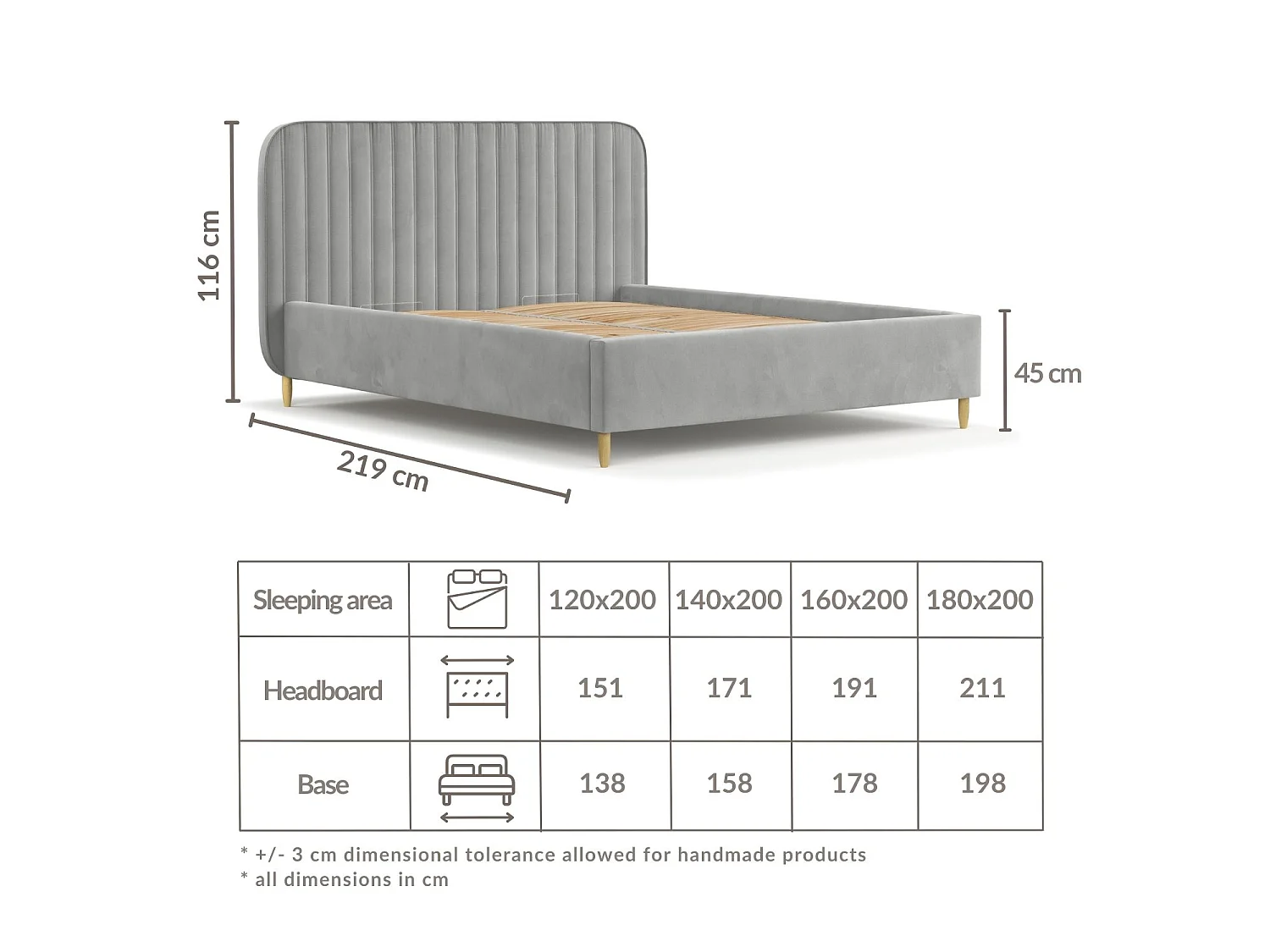 Gestoffeerd bed van velvet stof Noto - 180x200 cm -grijs
