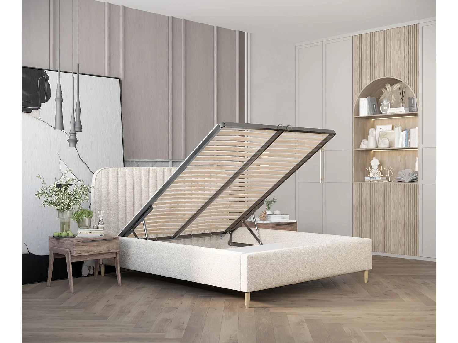 Lit coffre Noto - 140 x 200 cm - toile tissée - crème