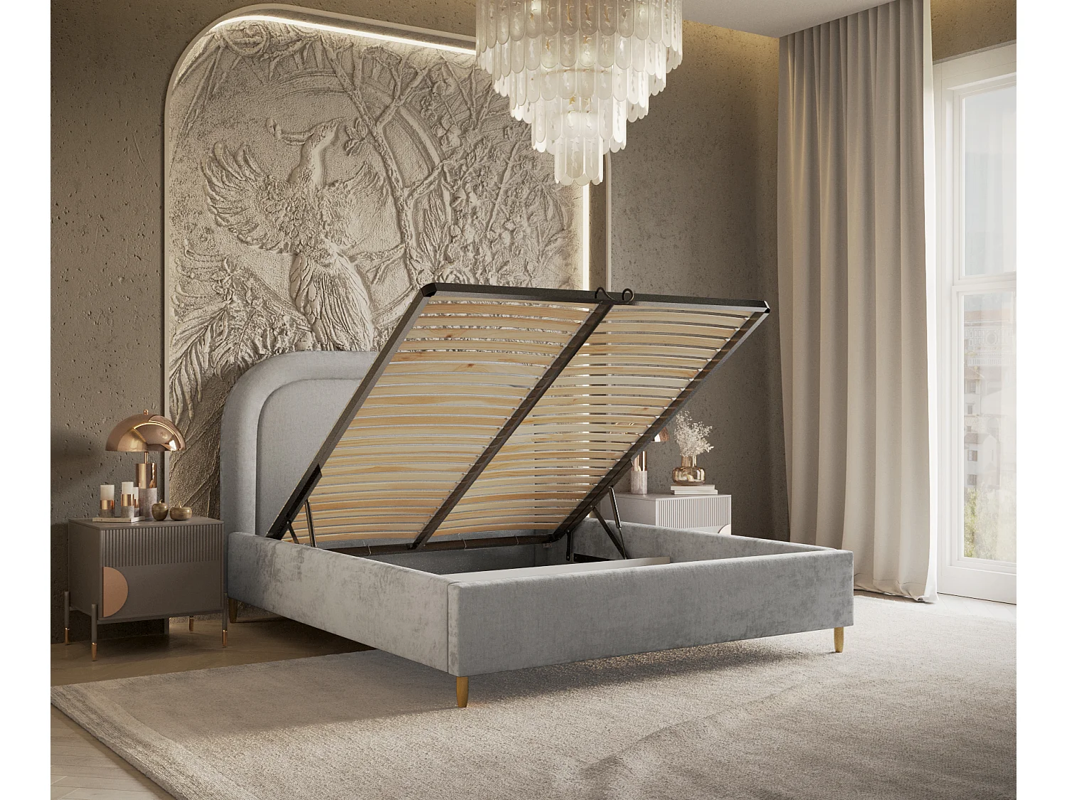 Polsterbett Mija - 160 x 200 cm - Chenille-Stoff - hellgrau