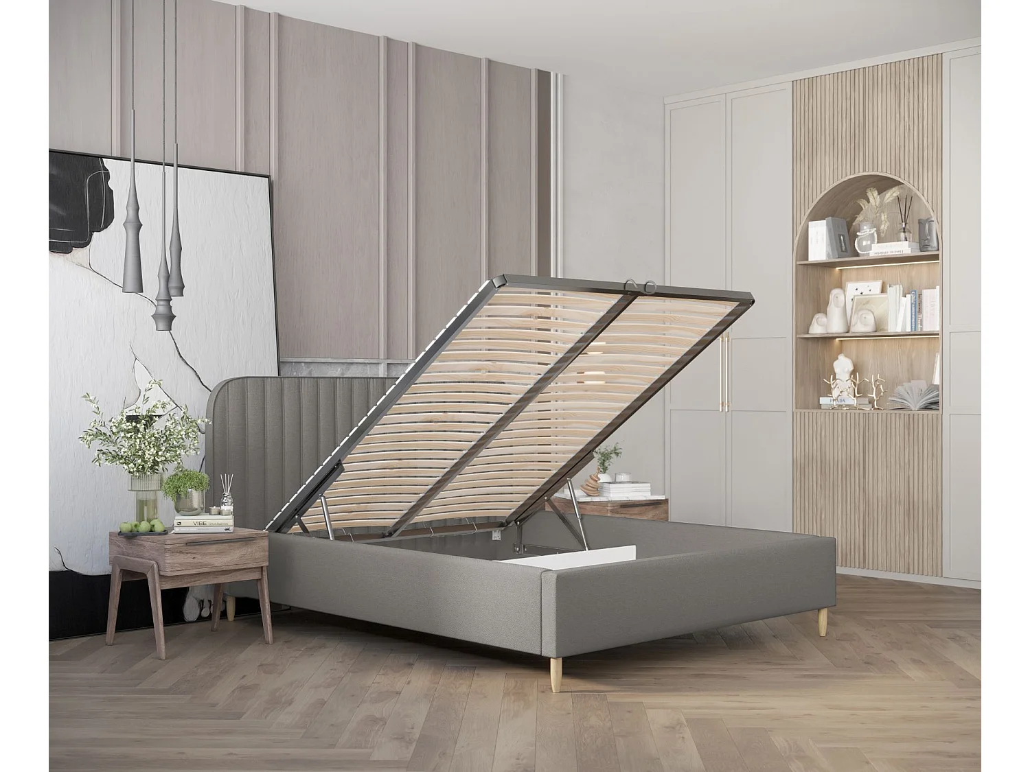 Lit coffre Noto - 180 x 200 cm - toile tissée - gris