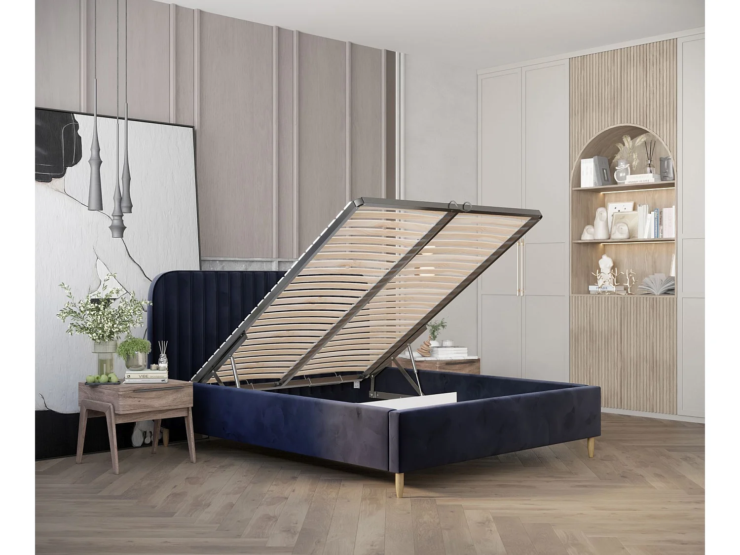 Lit coffre Noto - 120 x 200 cm - velours - bleu marine