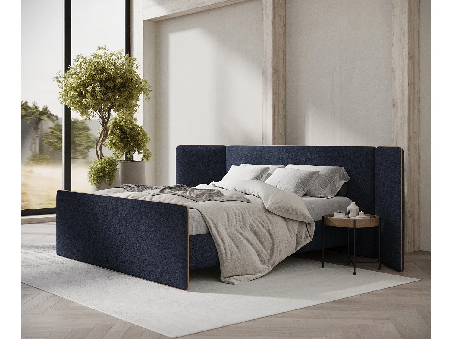 Lit coffre Tokyo - 140 x 200 cm - toile tissée - bleu marine