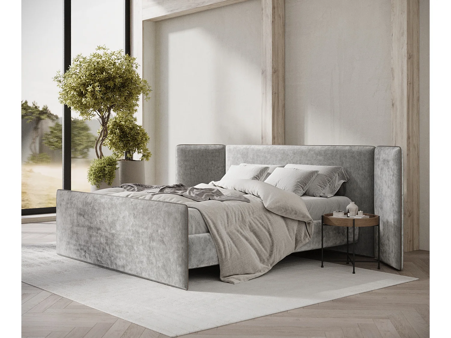 Polsterbett Tokyo - 200 x 200 cm - Chenille-Stoff - hellgrau