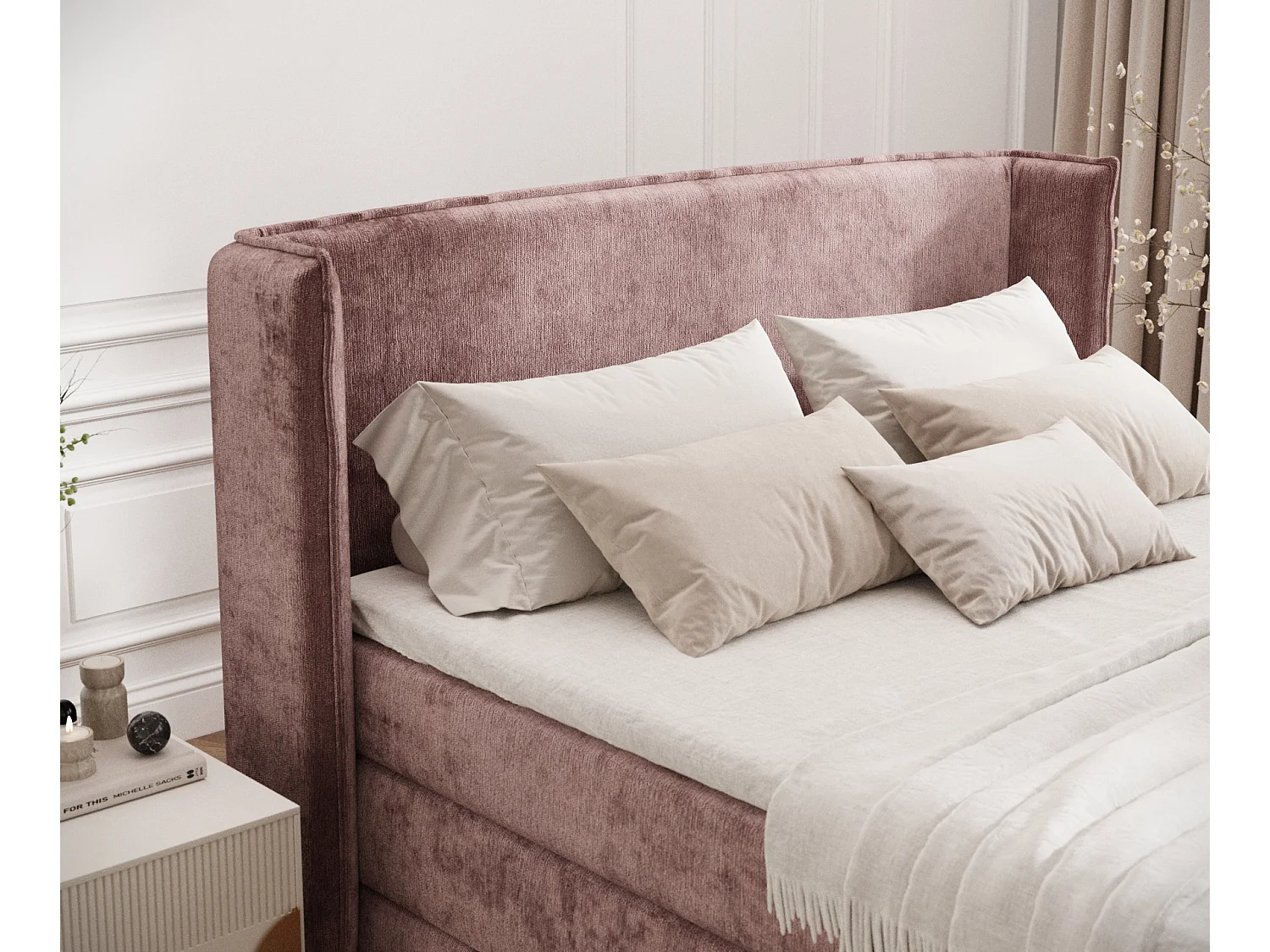 Boxspringbett aus Chenille-Stoff Freeland - Matratze - Toppermatratze - 180x200 cm - rosa