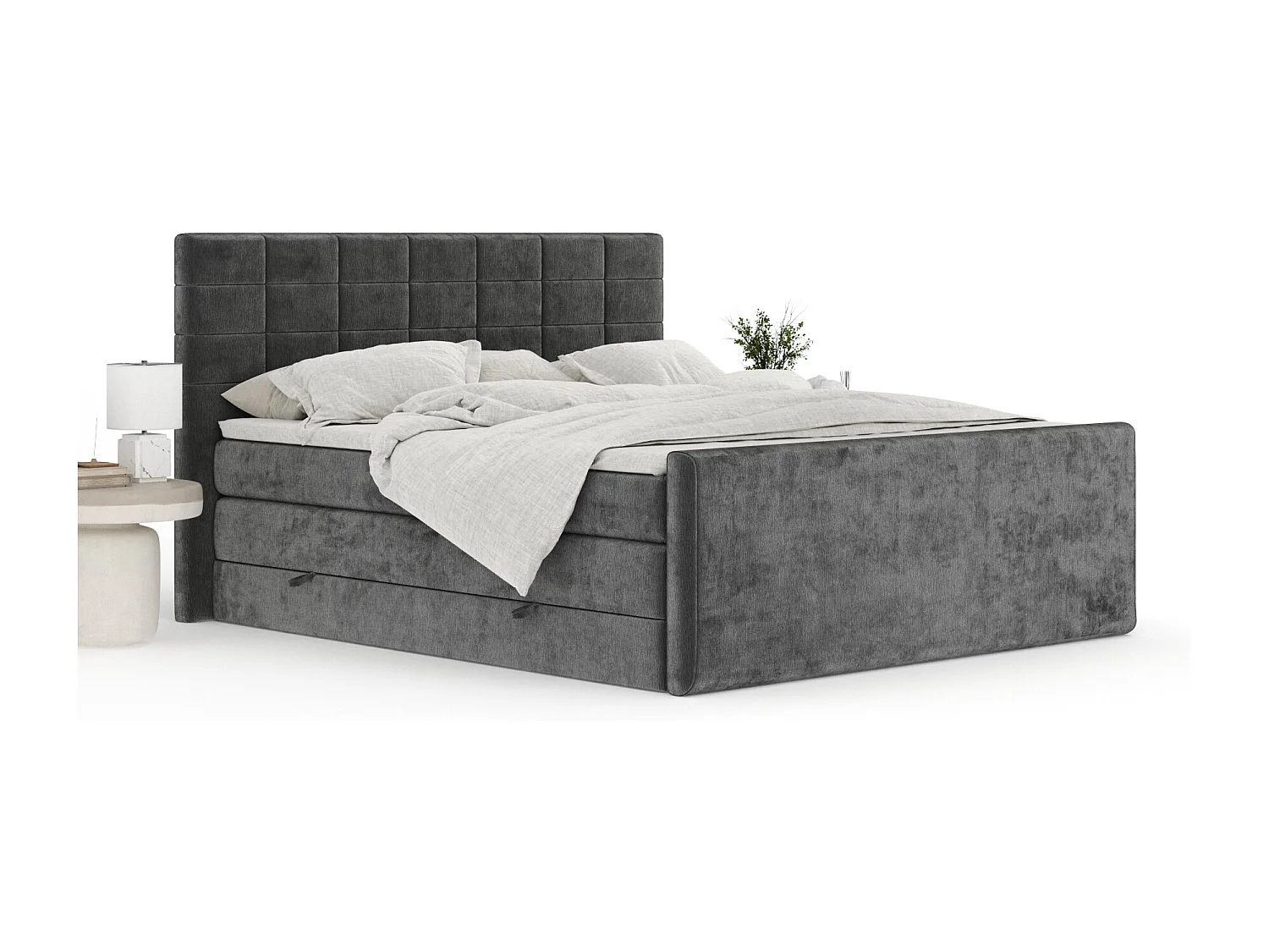Boxspringbett aus Chenille-Stoff Ava - Matratze - Toppermatratze - 140x200 cm - dunkelgrau