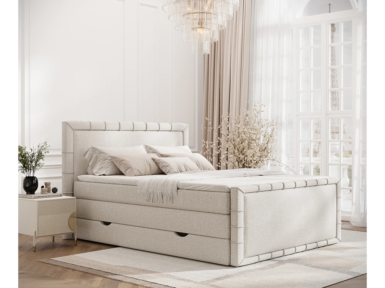 Boxspringbett im Webstoff Estelle - Matratze - Topper - 140x200 cm - beige