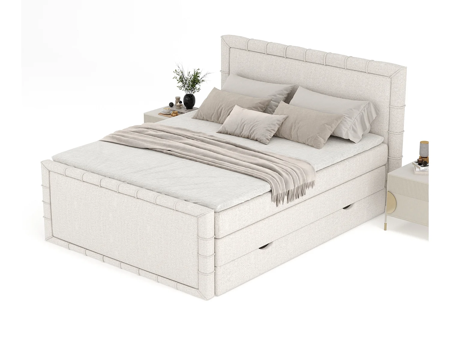 Boxspringbett im Webstoff Estelle - Matratze - Topper - 140x200 cm - beige
