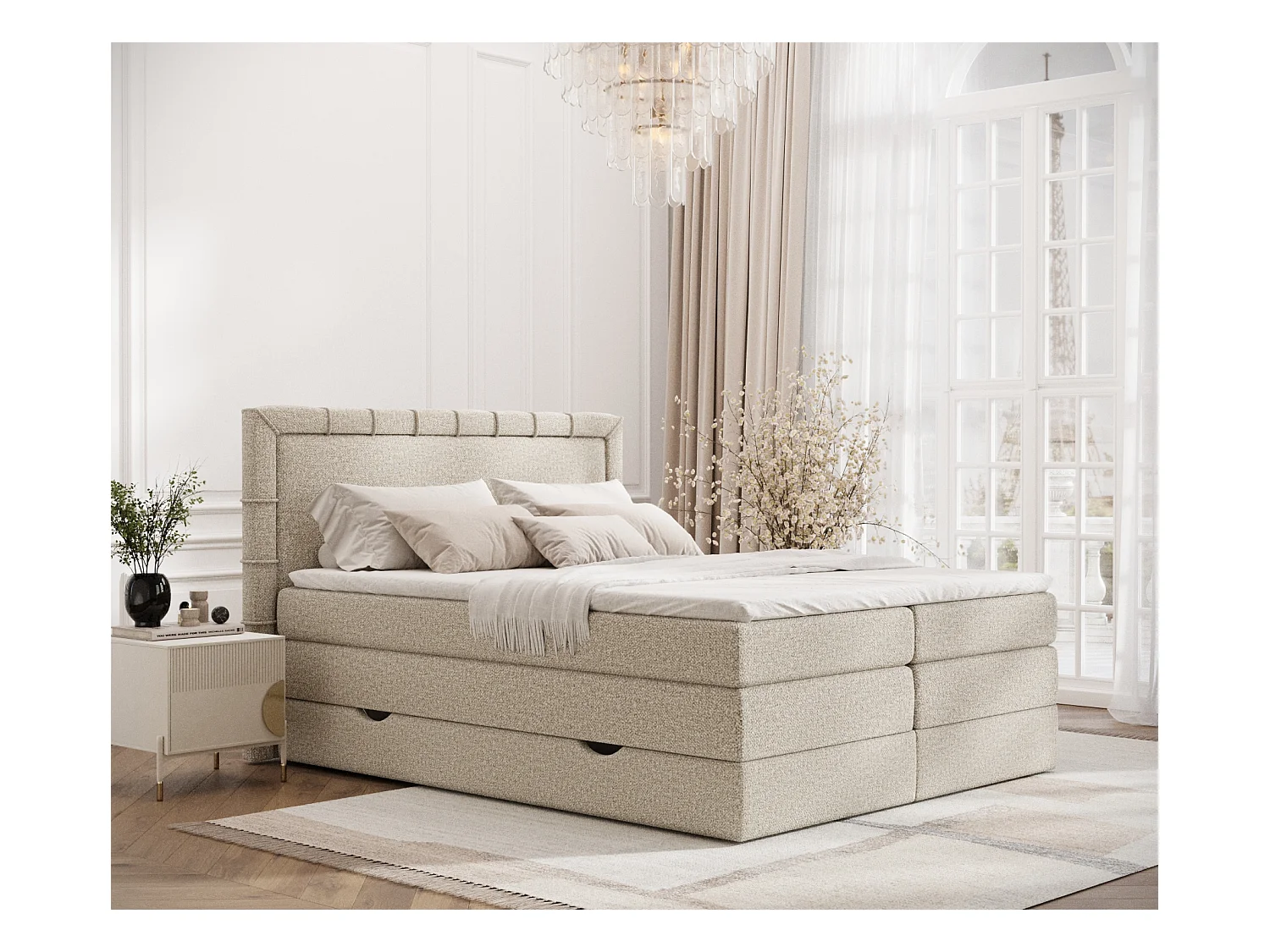 Lit boxspring en tissu bouclette Rosabel - matelas - surmatelas - 160x200 cm - beige