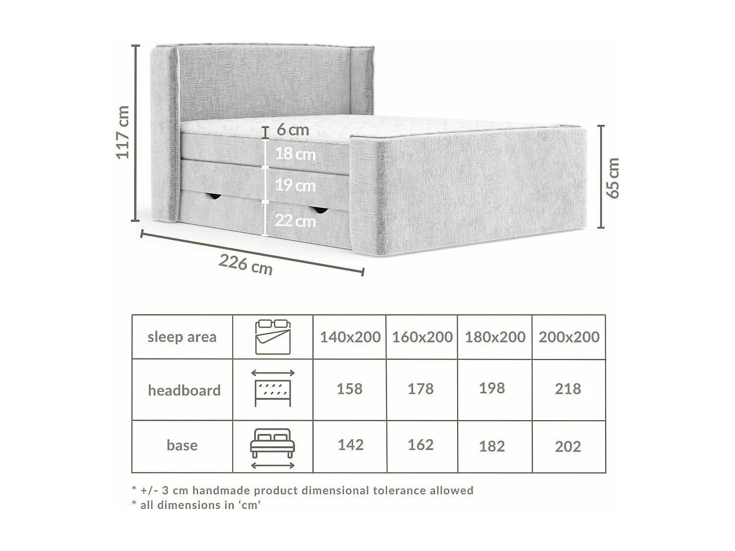 Lit boxspring en tissu chenille Freeland - matelas - surmatelas - 160x200 cm - gris clair