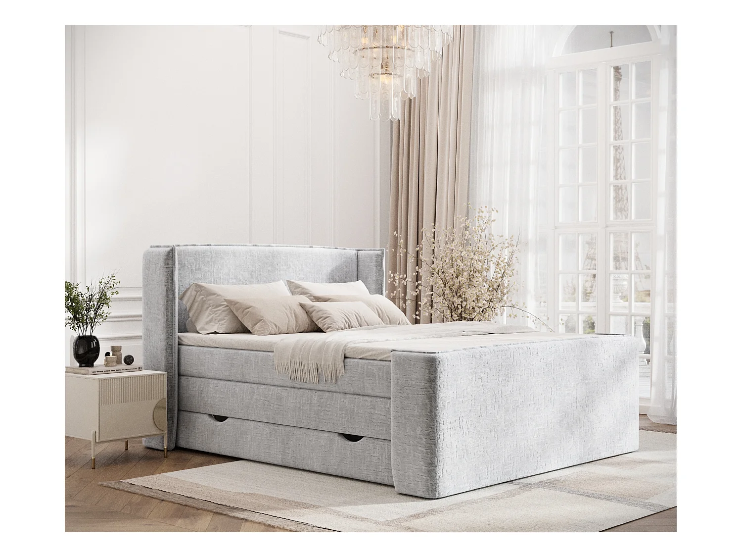 Lit boxspring en tissu chenille Freeland - matelas - surmatelas - 160x200 cm - gris clair