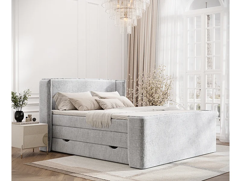 Łóżko boxspring w tkaninie szenilowej Freeland - materac - topper - 160x200 cm - jasnoszary