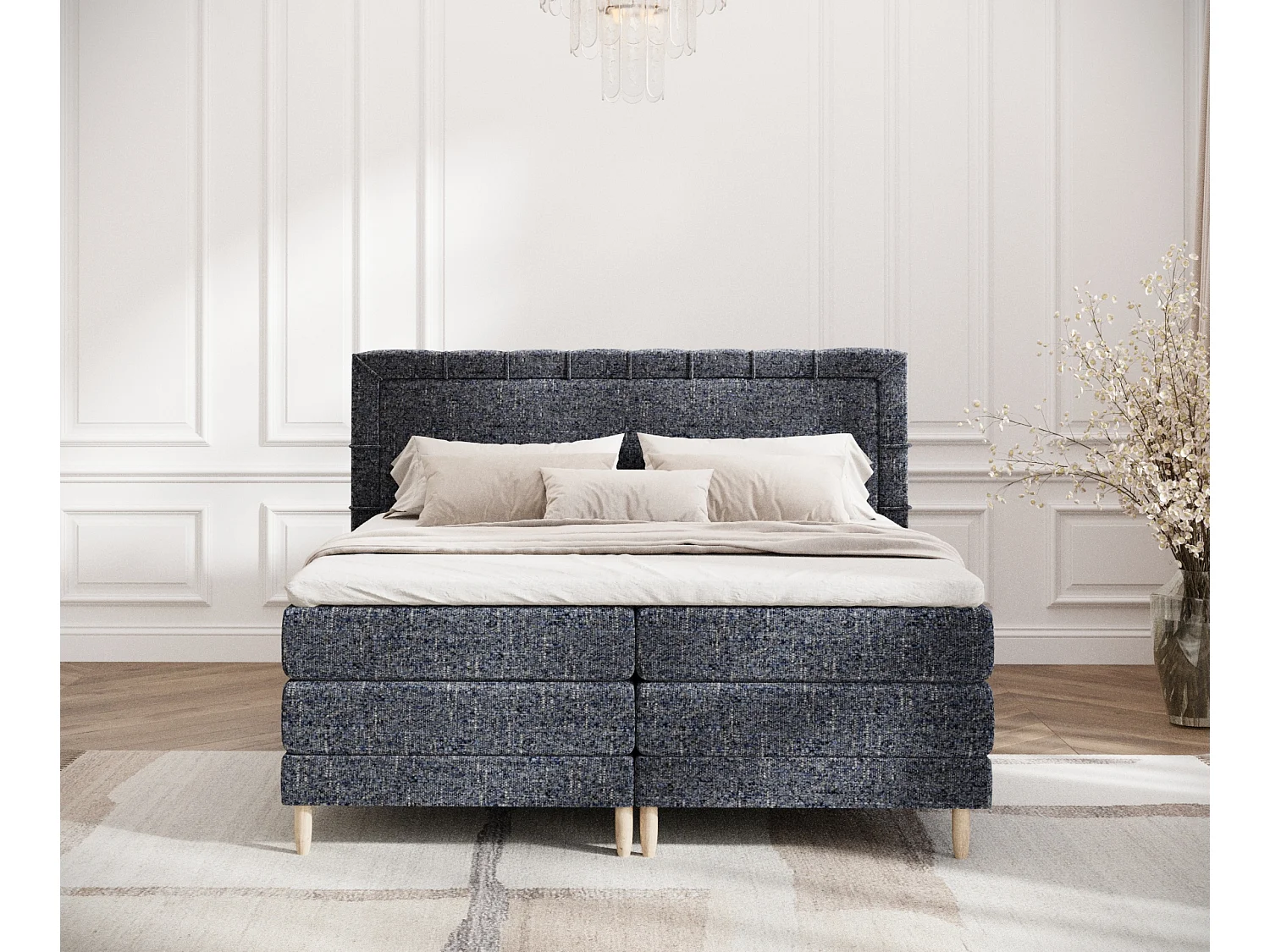 Łóżko boxspring w tkaninie plecionej Rimini - materac - topper - 180x200 cm - granatowy