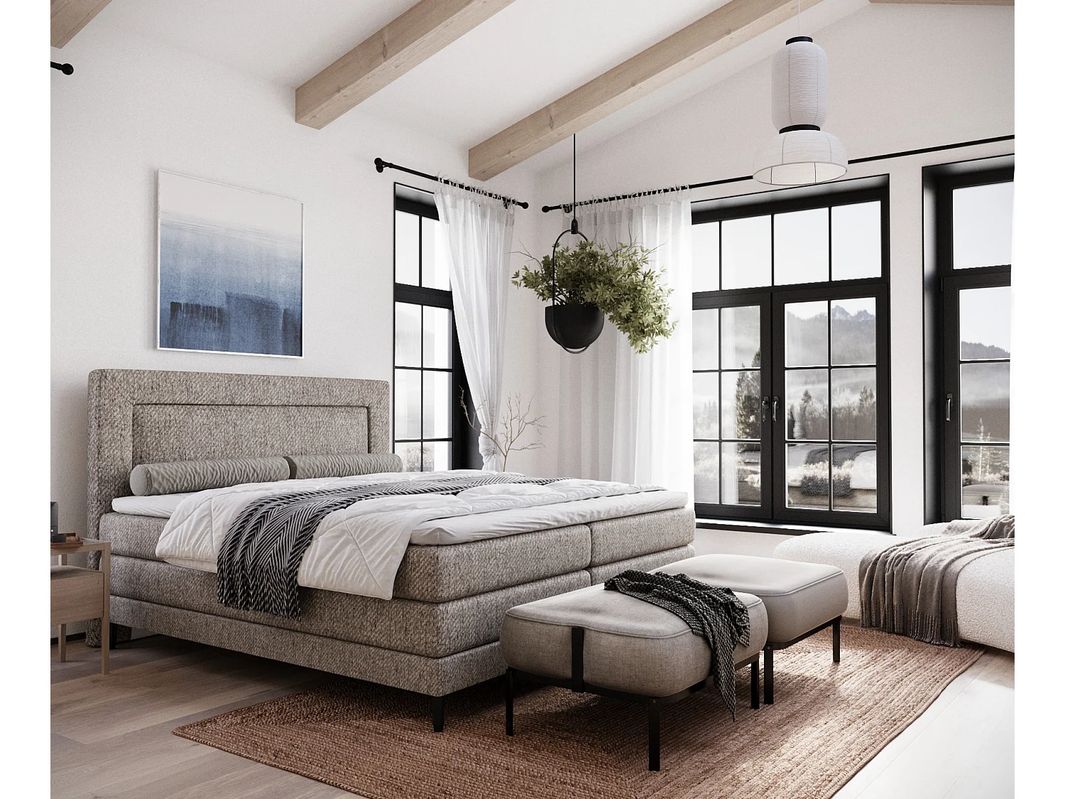 Boxspringbett aus Webstoff Madame - Matratze - Toppermatratze - 200x200 cm - hellbraun