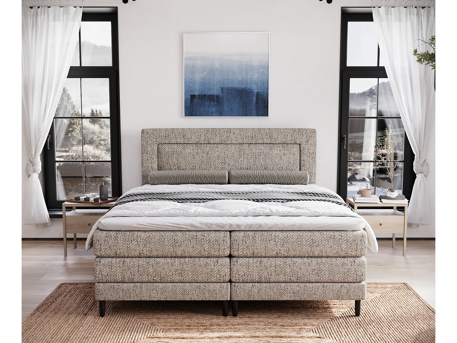 Boxspringbett aus Webstoff Madame - Matratze - Toppermatratze - 200x200 cm - hellbraun