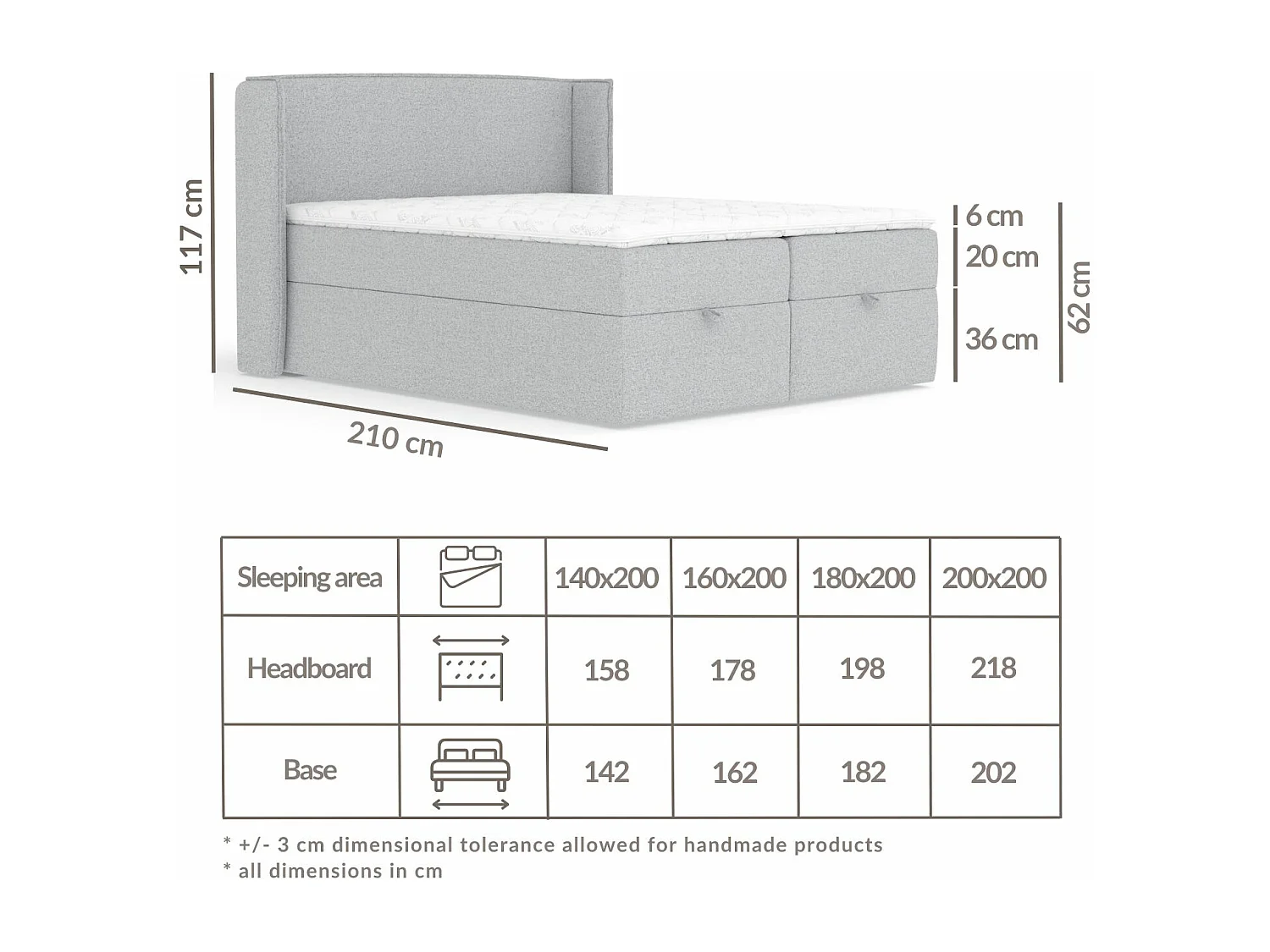 Boxspringbett aus Webstoff Passion - Matratze - Toppermatratze - 180x200 cm - hellgrau