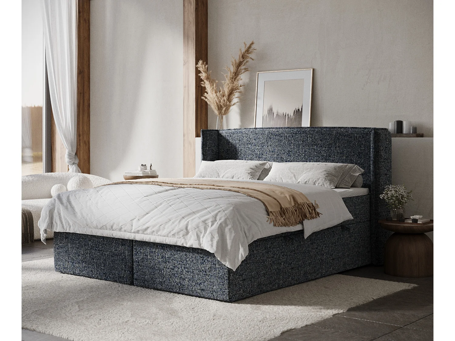 Boxspringbett aus Webstoff Skyline - Matratze - Toppermatratze - 180x200 cm - marineblau