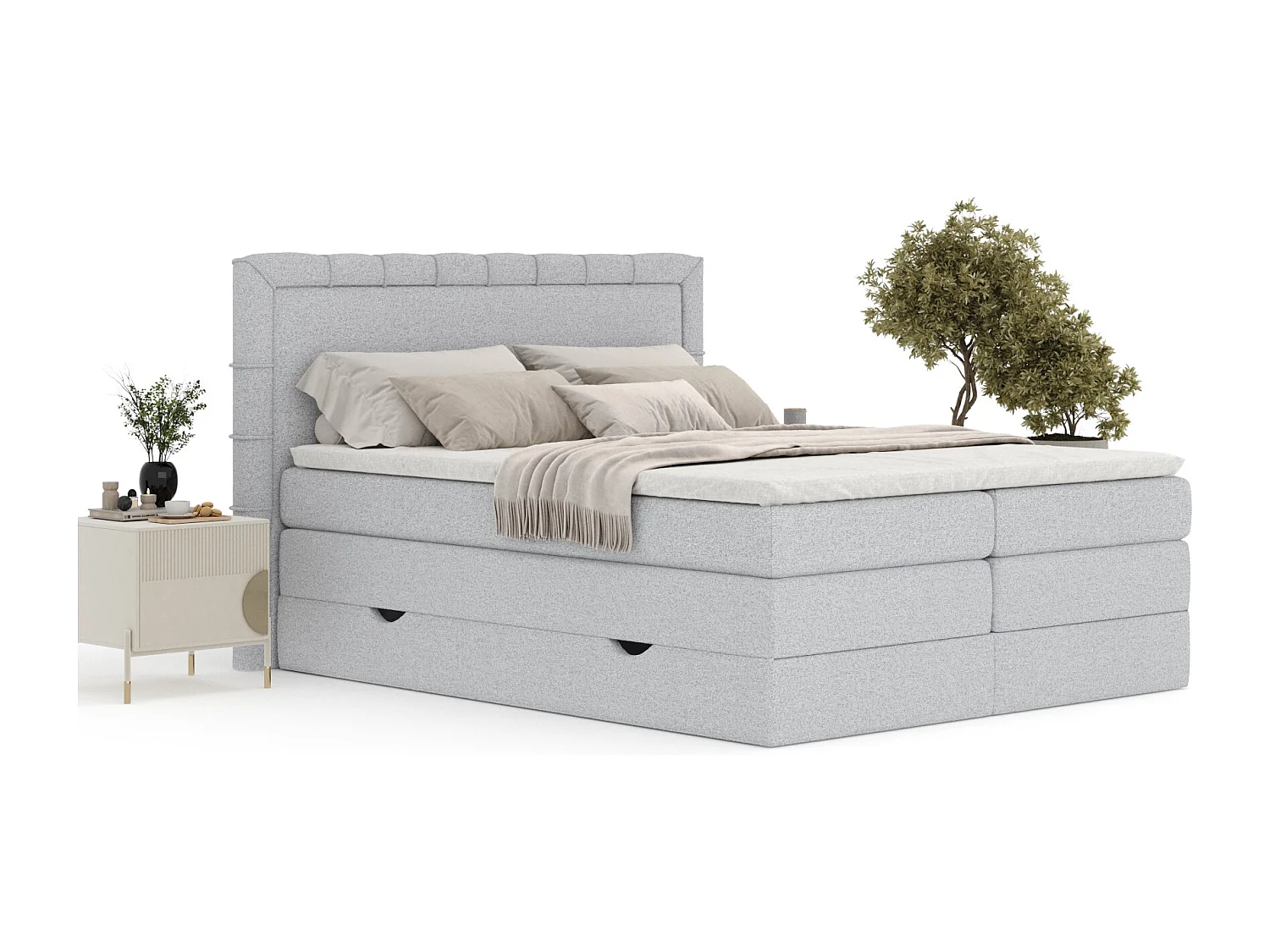 Boxspringbett aus Webstoff Rosabel - Matratze - Toppermatratze - 160x200 cm - hellgrau