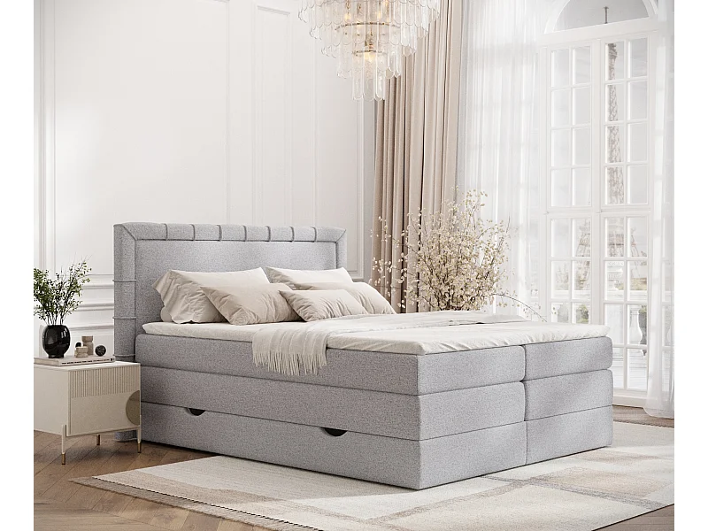 Łóżko boxspring w tkaninie plecionej Rosabel - materac - topper - 160x200 cm - jasnoszary