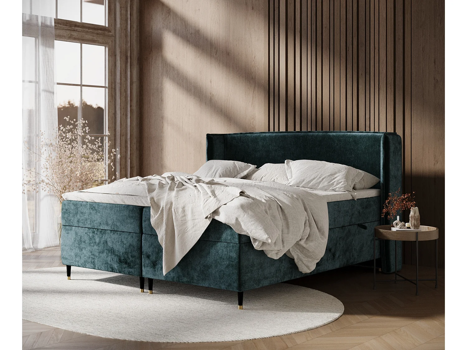 Boxspringbett aus Chenille-Stoff Segni - Matratze - Toppermatratze - 200x200 cm - blaugrüne