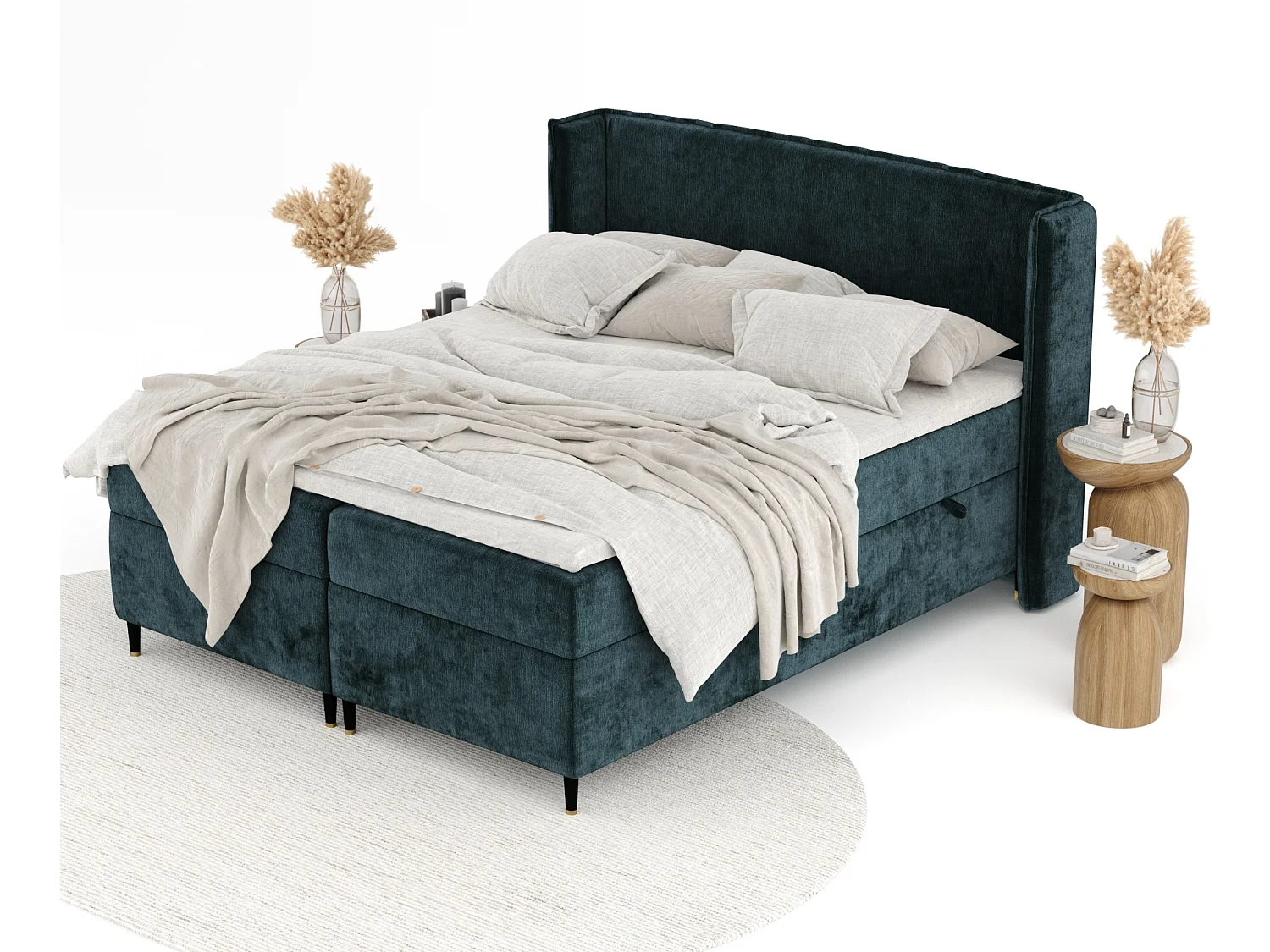 Lit boxspring en tissu chenille Segni - matelas - surmatelas - 200x200 cm - couleur sarcelle