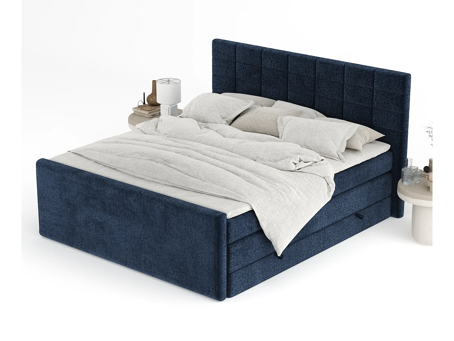 Lit boxspring en tissu chenille Ava - matelas - surmatelas - 160x200 cm - bleu marine