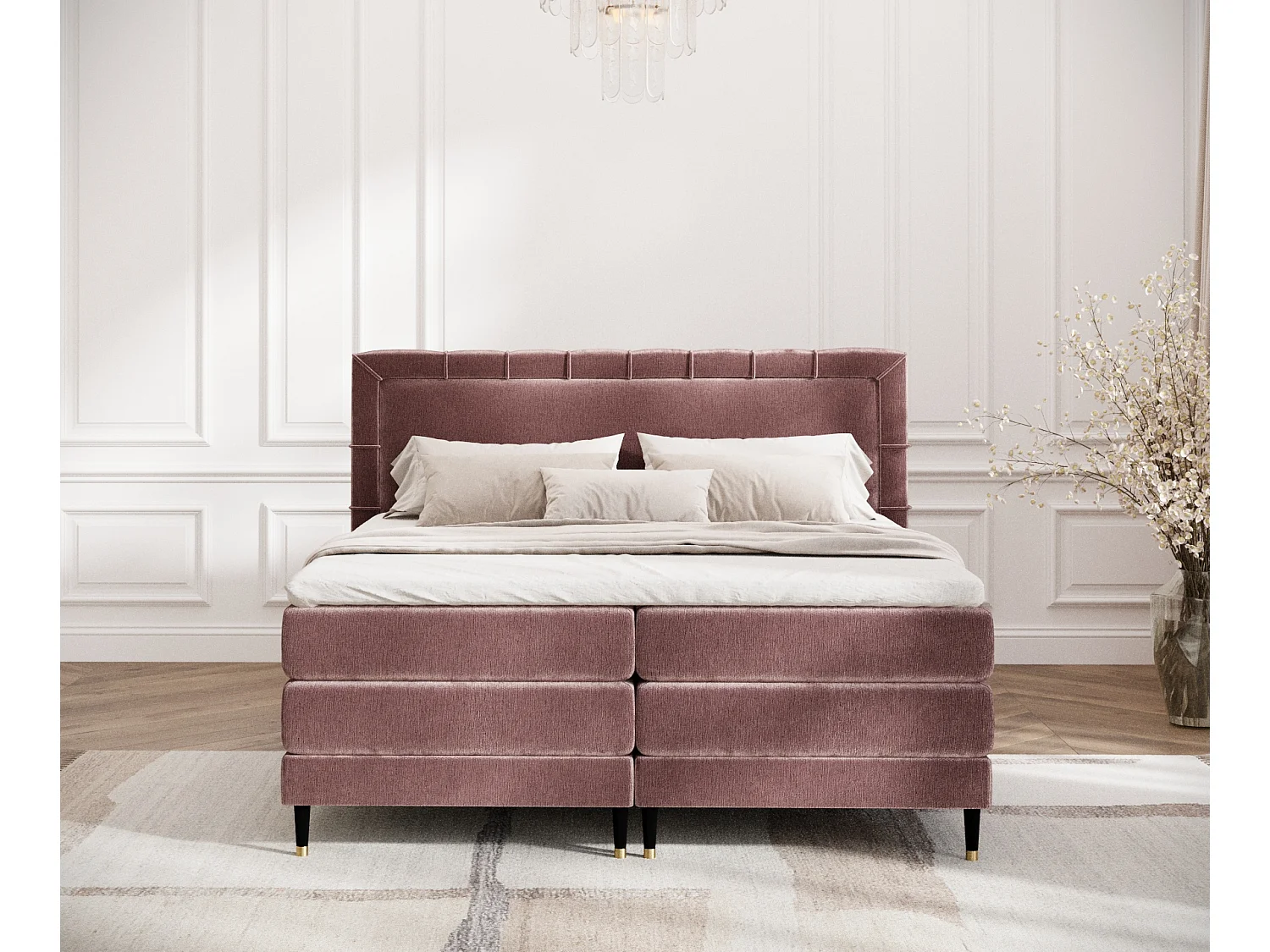 Lit boxspring en tissu chenille Rimini - matelas - surmatelas - 160x200 cm - rose