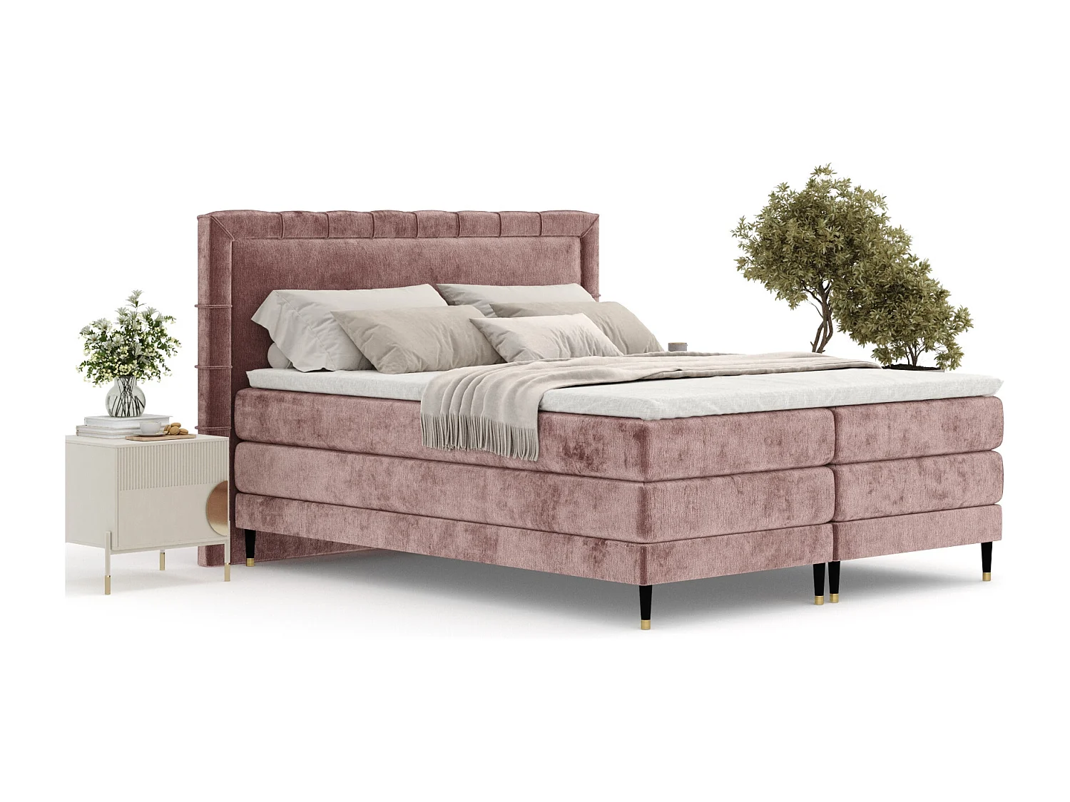 Boxspringbett aus Chenille-Stoff Rimini - Matratze - Toppermatratze - 160x200 cm - rosa