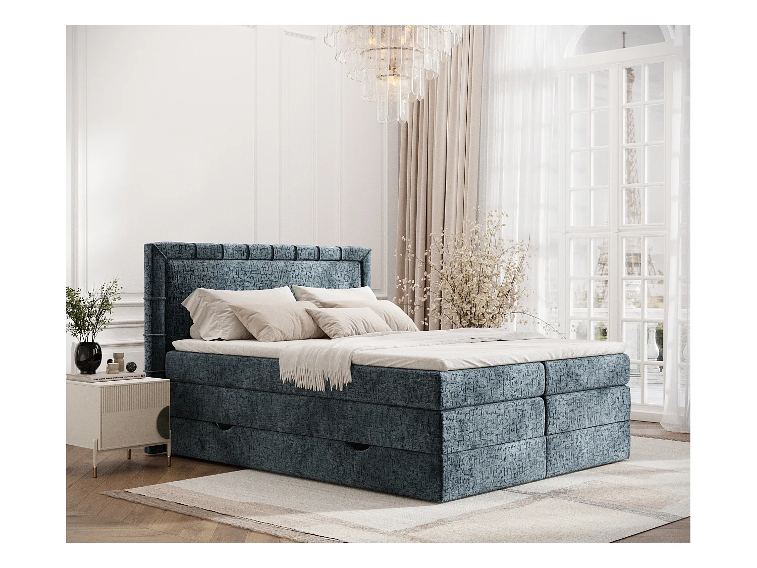 Lit boxspring en tissu chenille Rosabel - matelas - surmatelas - 140x200 cm - bleu