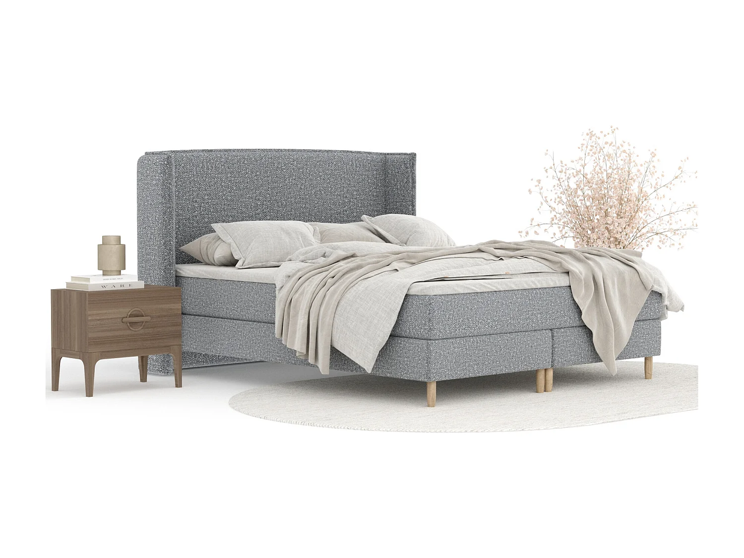 Lit boxspring en tissu bouclette Ardis - matelas - surmatelas - 180x200 cm - gris