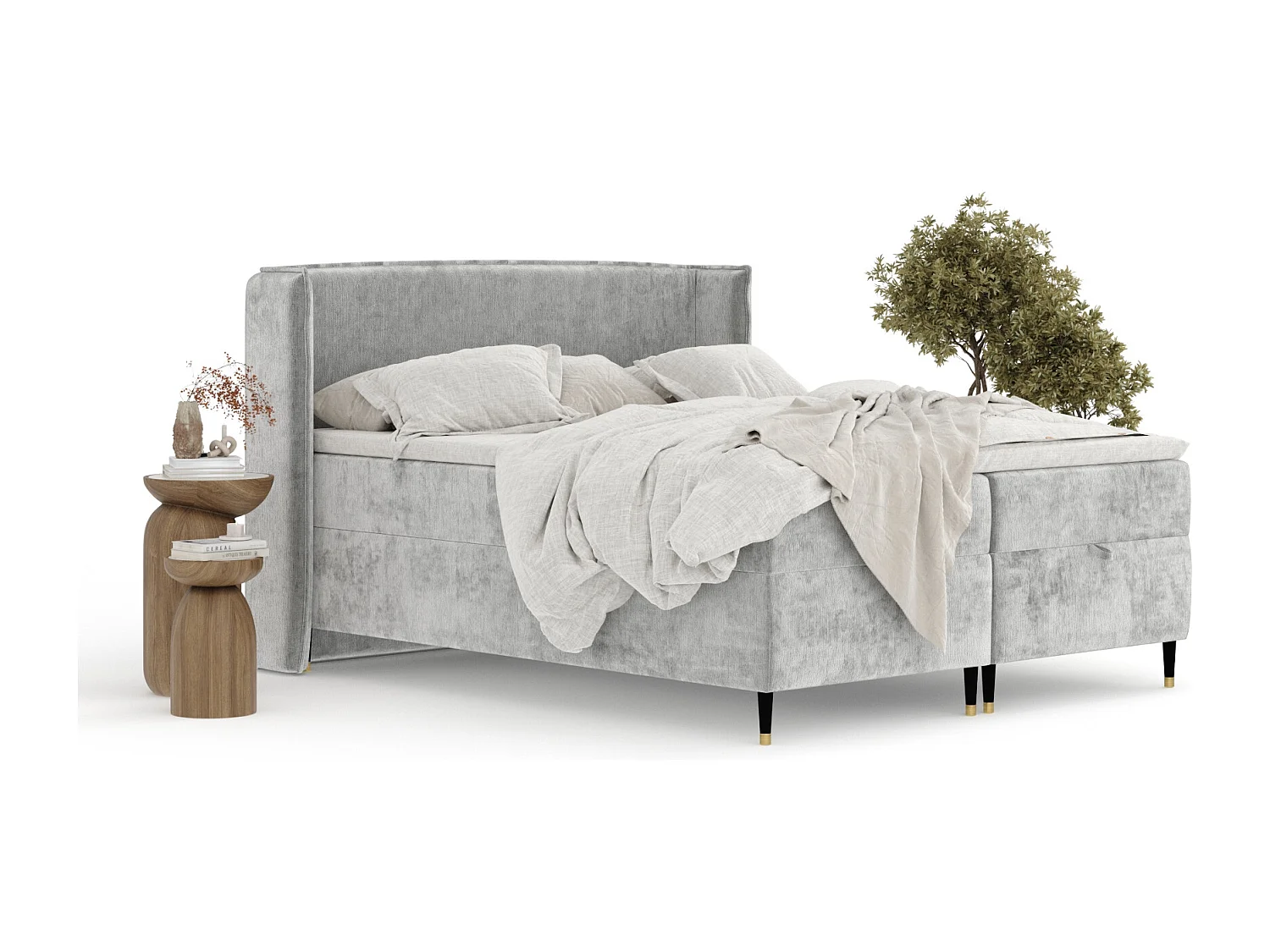 Lit boxspring en tissu chenille Monpelli - matelas - surmatelas - 160x200 cm - gris clair