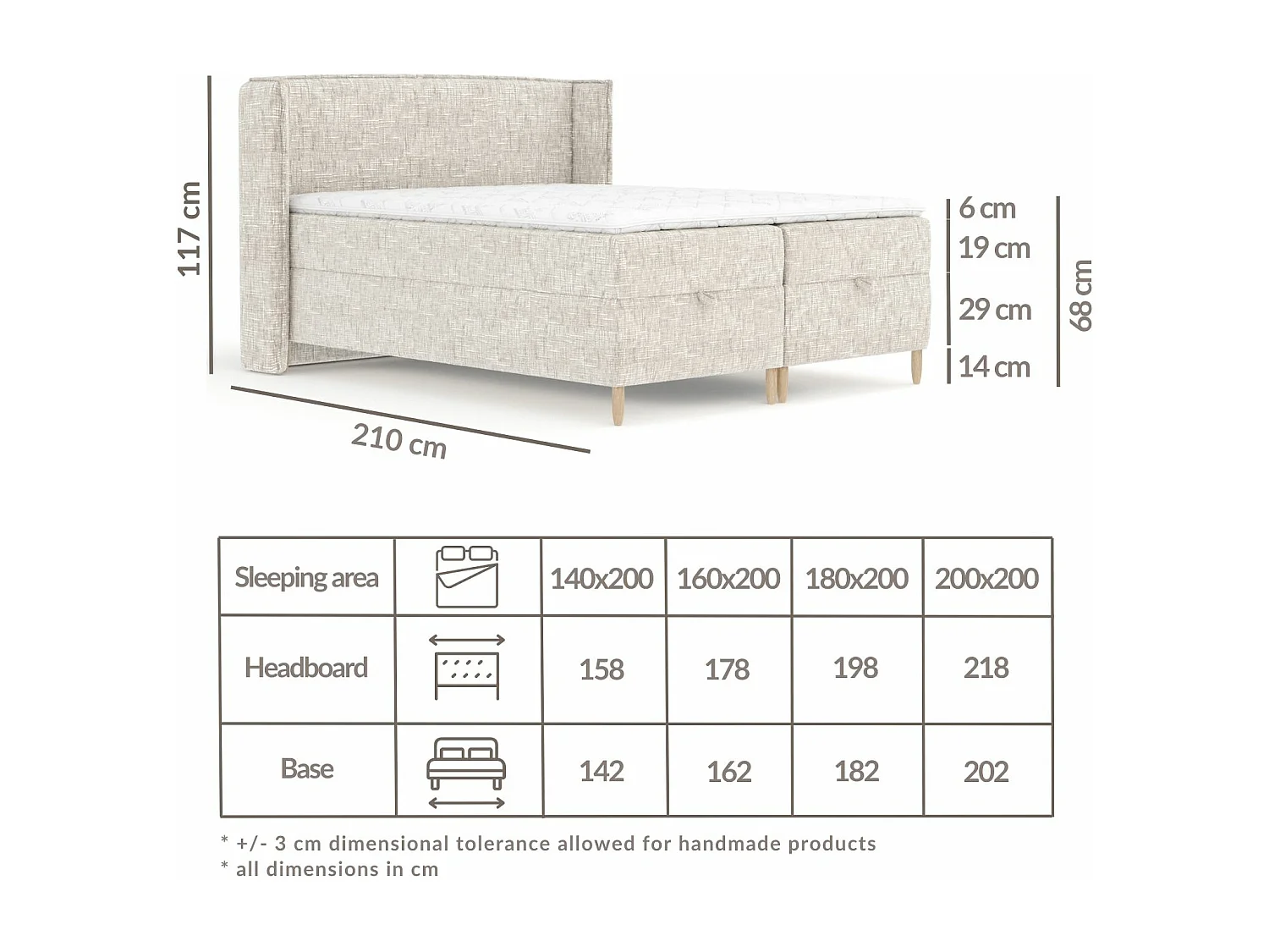 Boxspringbett aus Webstoff Monpelli - Matratze - Toppermatratze - 180x200 cm - beige melange