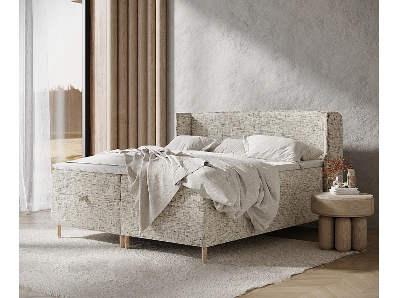 Lit boxspring en toile tissée Monpelli - matelas - surmatelas - 180x200 cm - beige mélangé