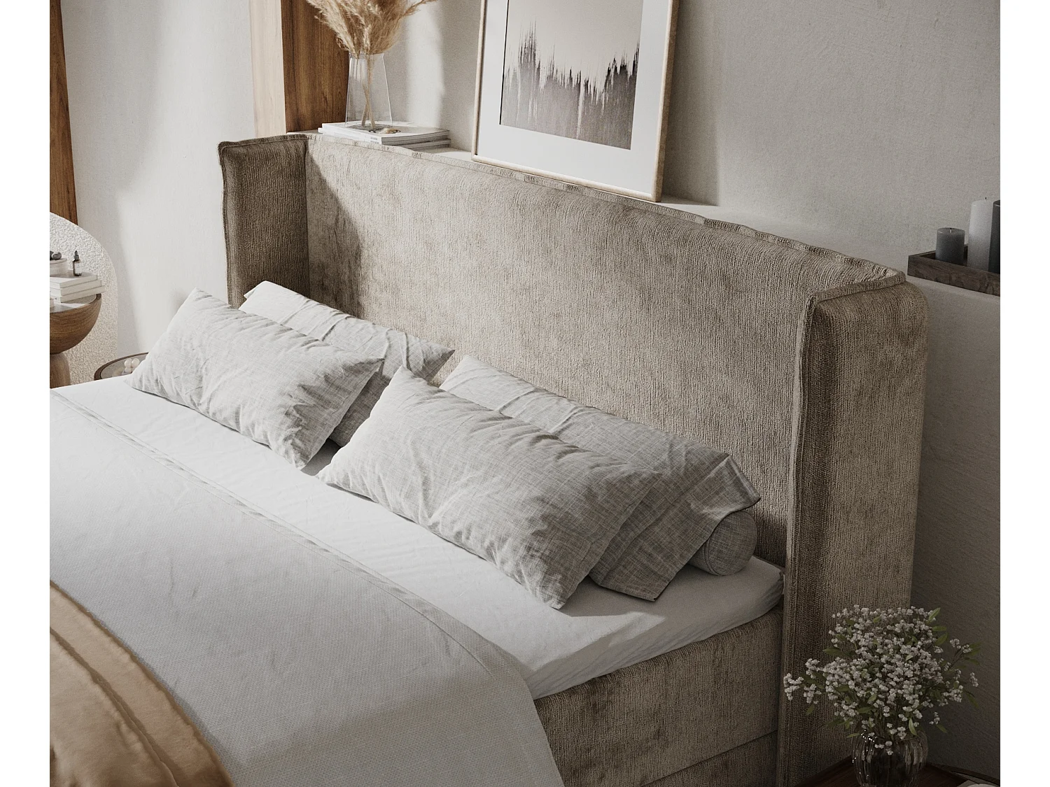 Boxspringbett aus Chenille-Stoff Skyline - Matratze - Toppermatratze - 180x200 cm - beige