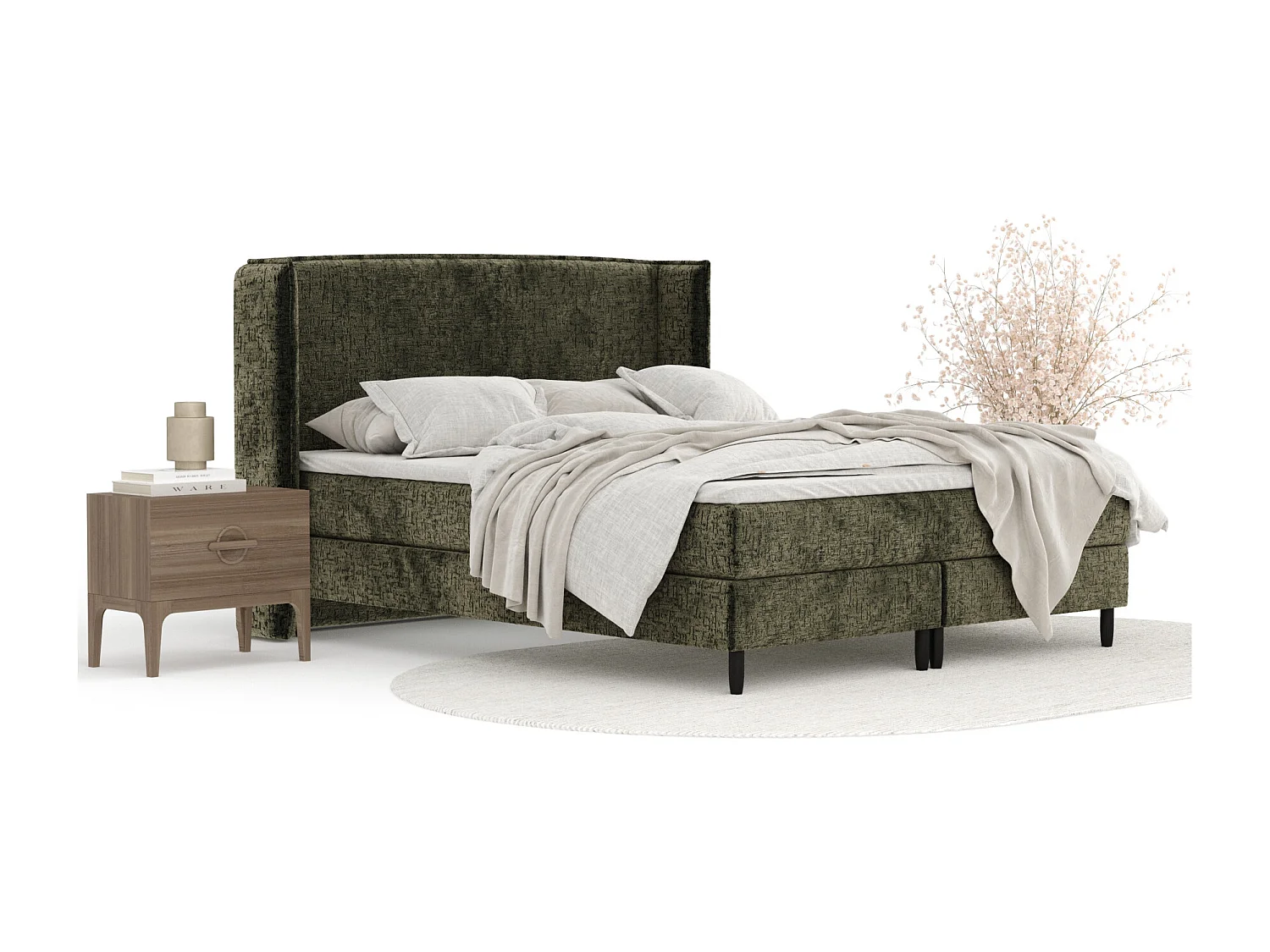 Boxspringbett aus Chenille-Stoff Ardis - Matratze - Toppermatratze - 200x200 cm - olivenfarbe