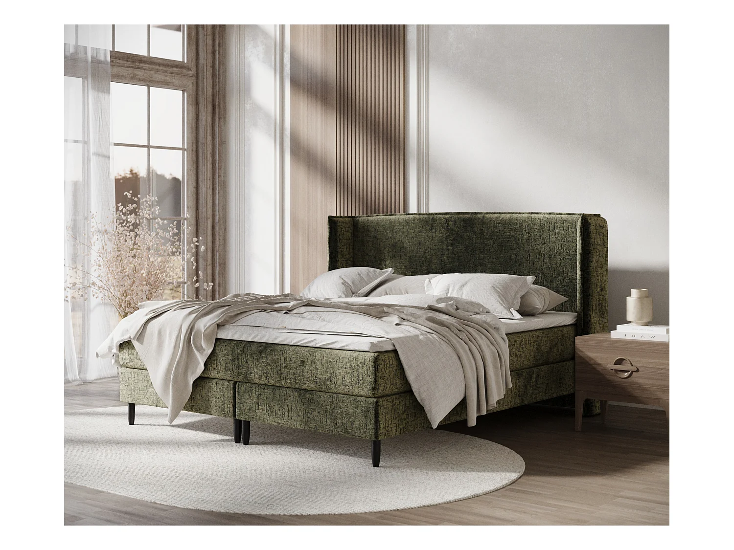 Lit boxspring en tissu chenille Ardis - matelas - surmatelas - 200x200 cm - vert olive