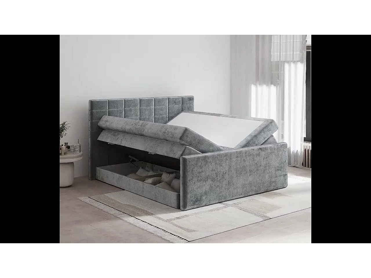Lit boxspring en tissu chenille Ava - matelas - surmatelas - 200x200 cm - vert olive