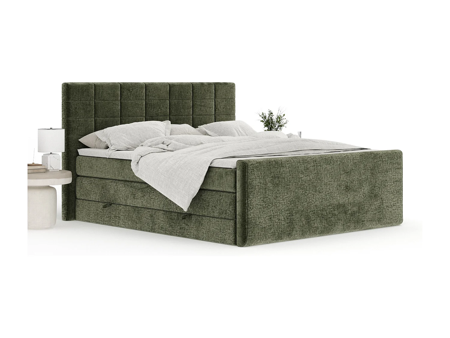 Boxspringbett aus Chenille-Stoff Ava - Matratze - Toppermatratze - 200x200 cm - olivenfarbe