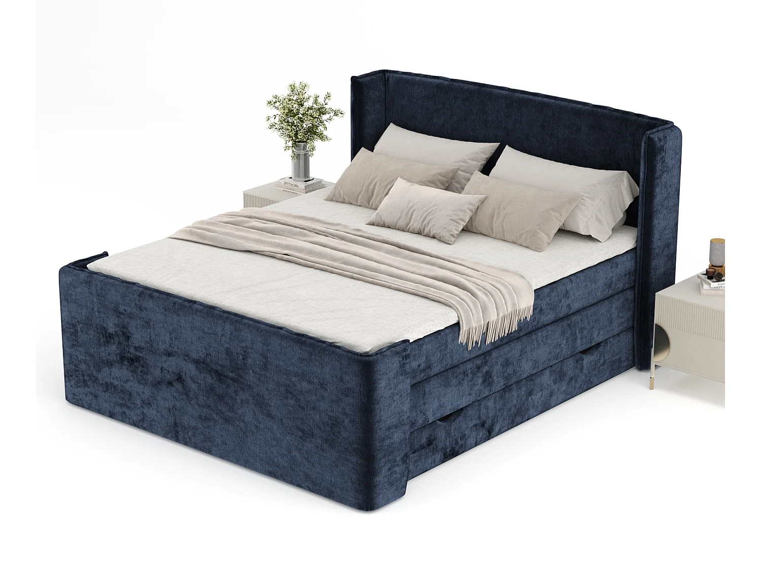 Lit boxspring en tissu chenille Freeland - matelas - surmatelas - 180x200 cm - bleu marine