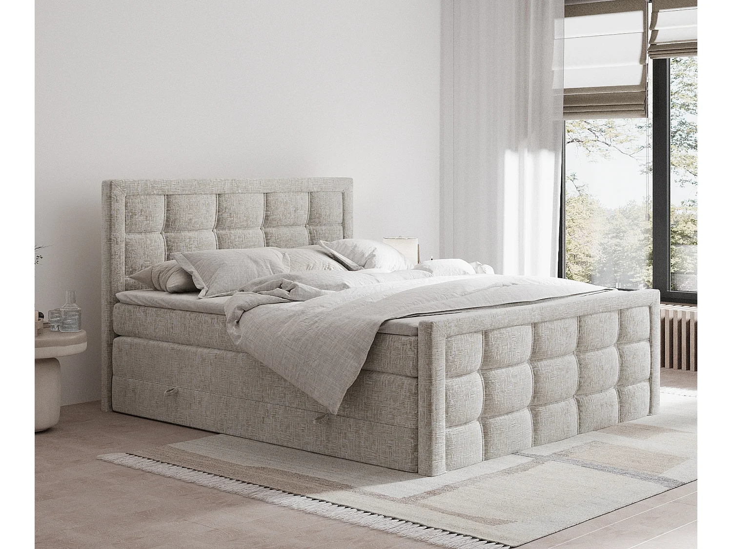 Lit boxspring en tissu chenille Ambrosia - matelas - surmatelas - 200x200 cm - beige