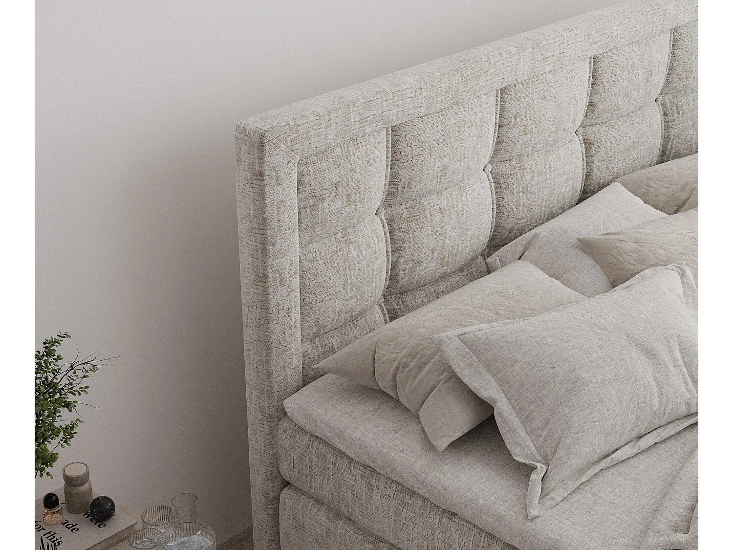 Lit boxspring en tissu chenille Ambrosia - matelas - surmatelas - 200x200 cm - beige