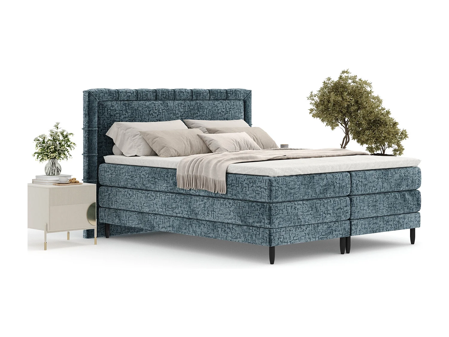 Boxspringbett aus Chenille-Stoff Rimini - materac - topper - 200x200 cm - blau
