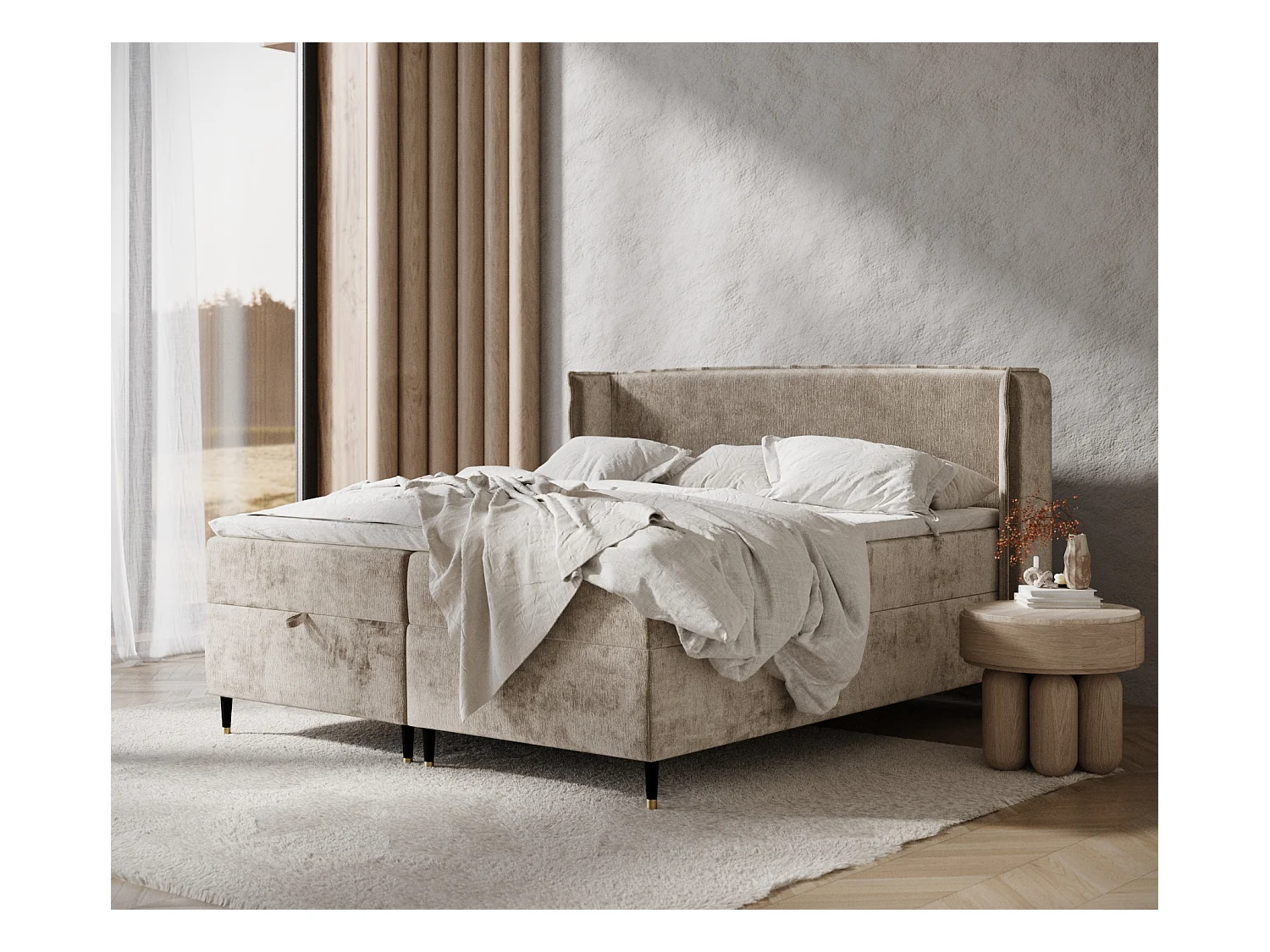 Lit boxspring en tissu chenille Monpelli - matelas - surmatelas - 140x200 cm - beige