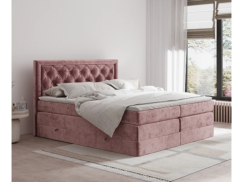 Lit boxspring en tissu chenille Aurelia - matelas - surmatelas - 160x200 cm - rose