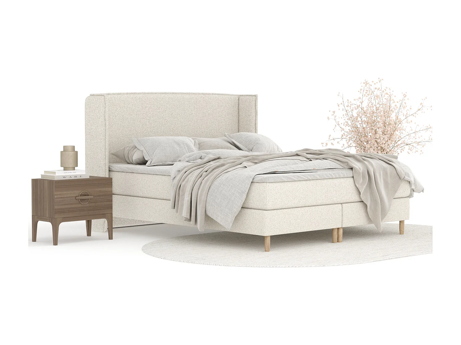 Boxspringbett aus Boucle-Stoff Ardis - Matratze - Toppermatratze - 160x200 cm - beige