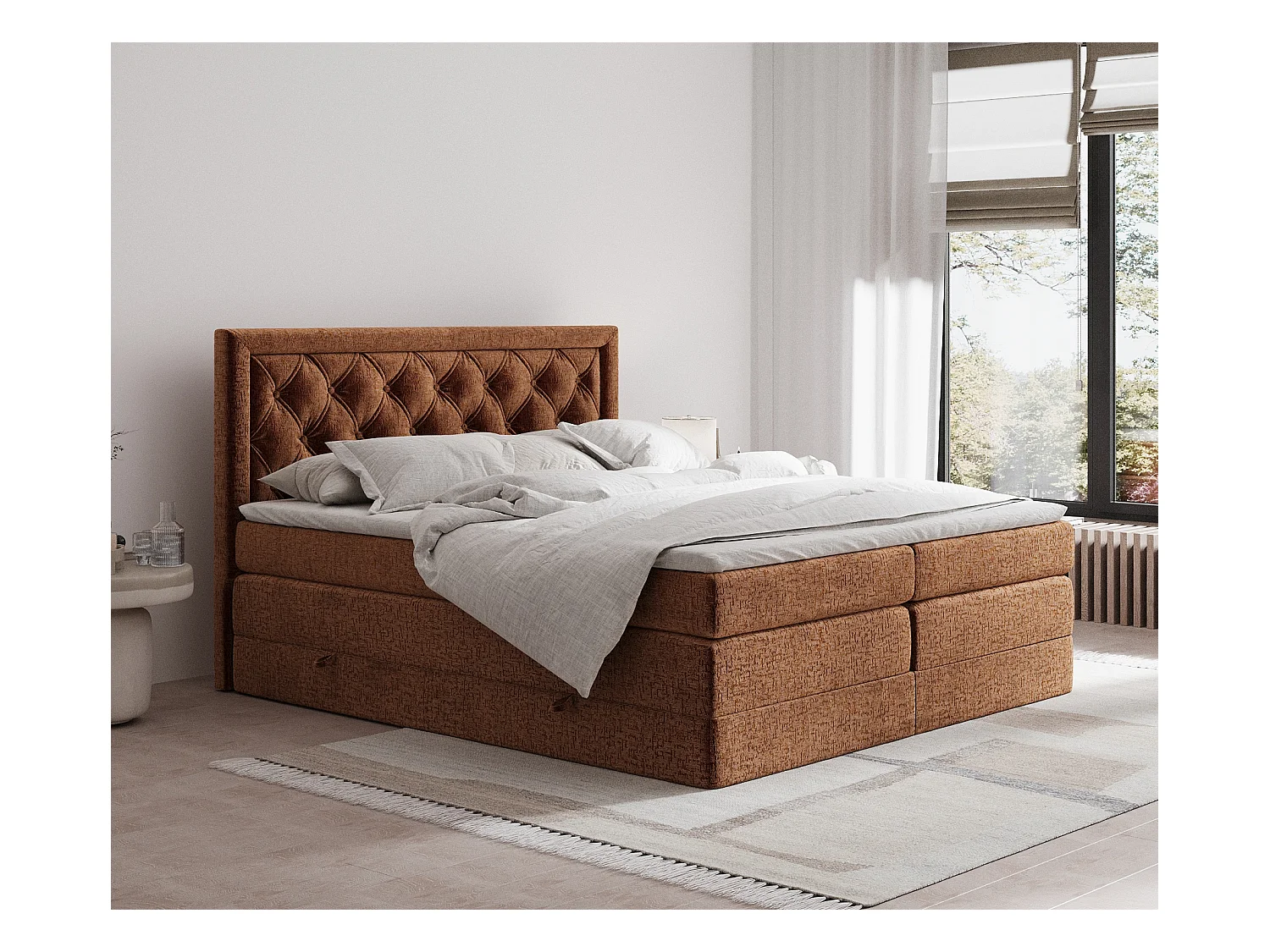 Lit boxspring en tissu chenille Aurelia - matelas - surmatelas - 160x200 cm - couleur cuivre