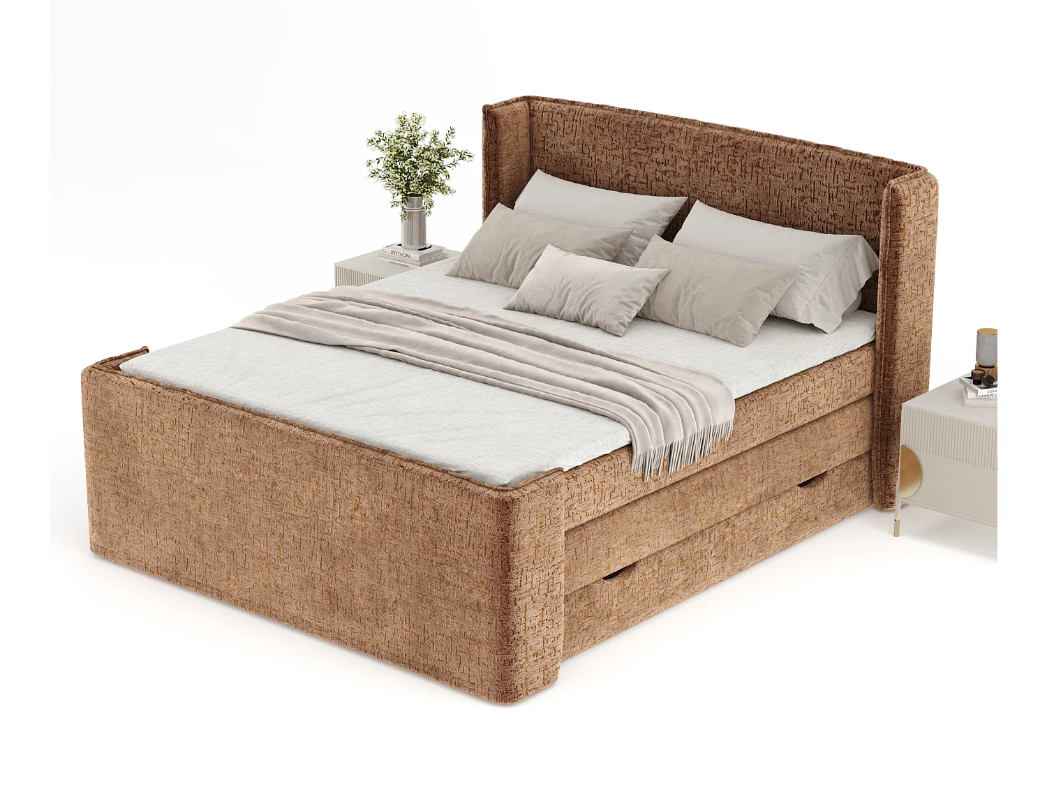 Boxspringbett aus Chenille-Stoff Freeland - Matratze - Toppermatratze - 140x200 cm - kupferfarbe