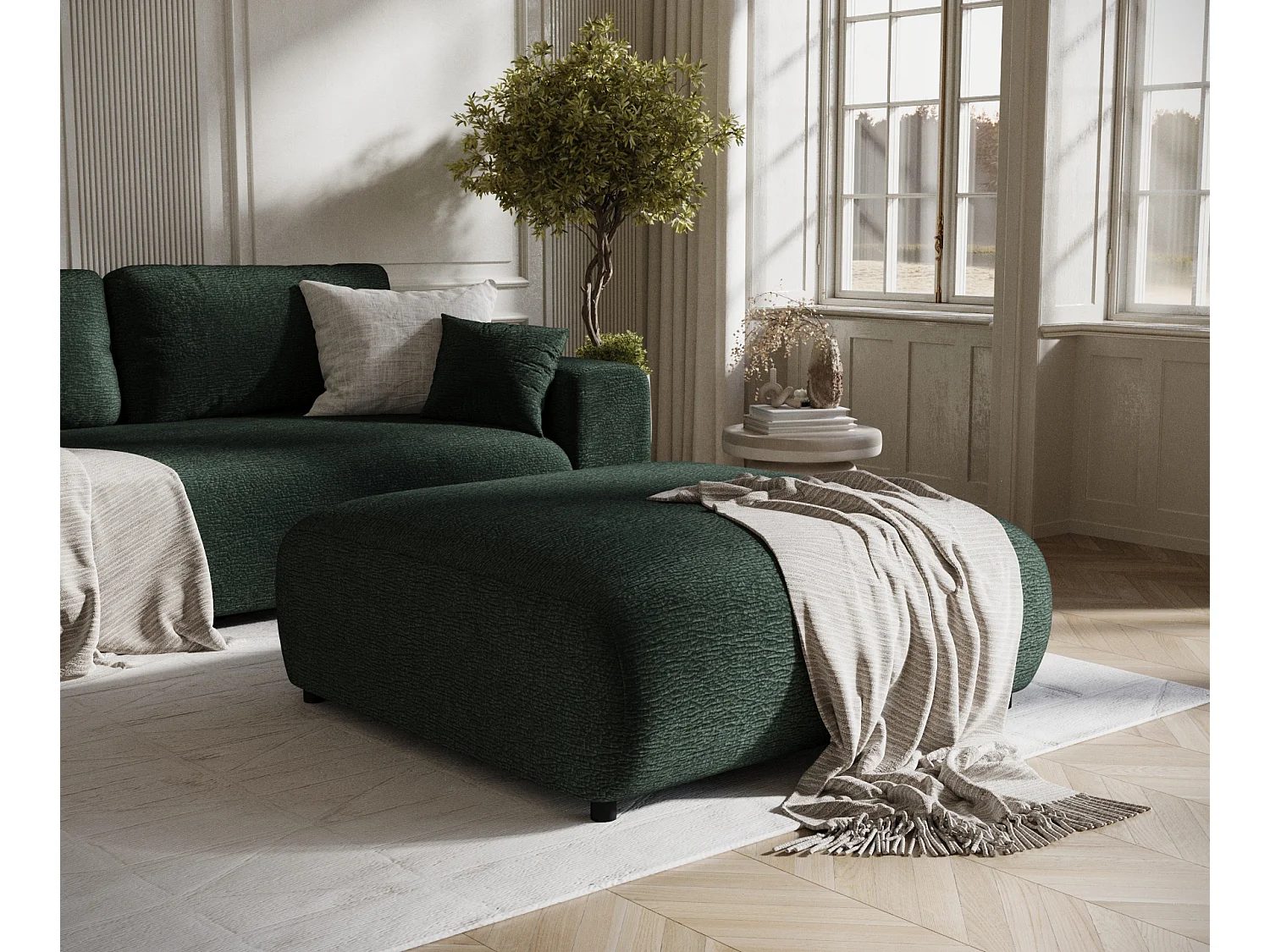 Pouf en tissu chenille Zanzibar - 110x110 cm - vert foncé